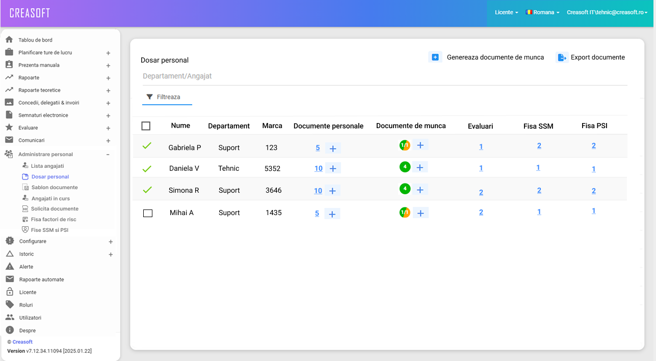 Platforma Creasoft HR: lista angajatilor cu dosarul de personal si documentele de munca