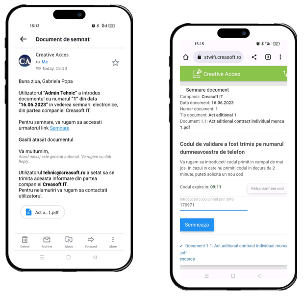 Semnarea unui document HR pe telefon cu cod de validare